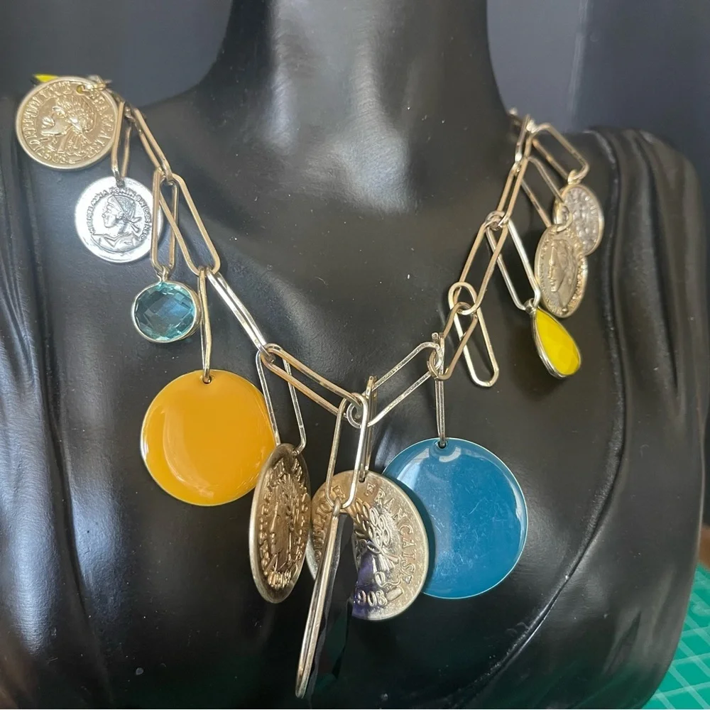 Anthropologie Gold Tone Medallion Coin Statement Necklace - Picture 1 of 3